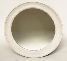WALL MIRROR, circular grey painted broad framed, 102cm W.
