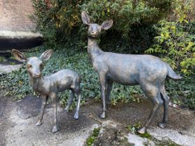 GARDEN SCULPTURES, a set of two depicting a Doe and Fawn, resin, in a bronzed finish, Doe