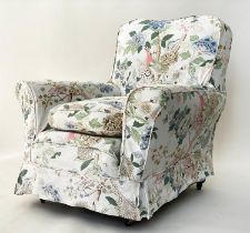 ARMCHAIR, early 20th century English country house style floral printed upholstered loose covers