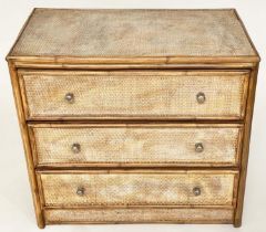 BAMBOO CHEST, 1970s framed and cane panelled with three long drawers, 78cm x 45cm D x 72cm H.