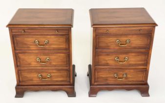 CHESTS, a pair, George III design yewwood, each with brushing slide and three long drawers, 46cm W x