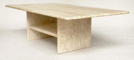 TRAVERTINE LOW TABLE, rectangular 1970s Italian marble on undertiered plinth base, 120cm W x 70cm