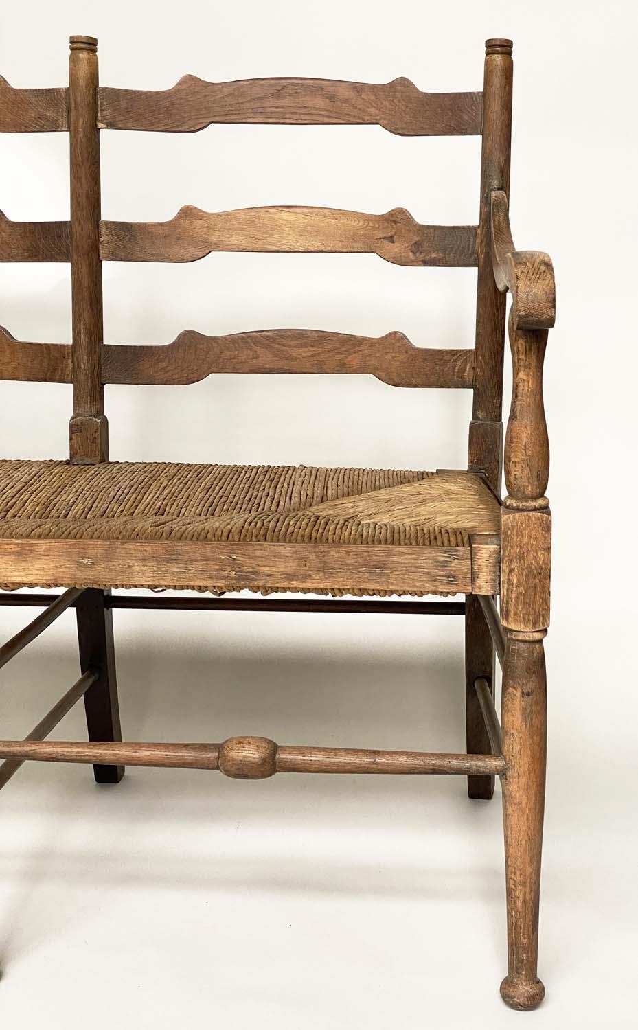 HALL BENCH, early 20th century English oak with ladder back and rush seat, 157cm W. - Image 3 of 10