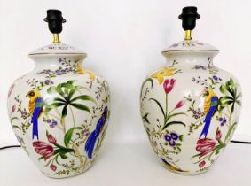 TABLE LAMPS, a pair, 46cm high, 27cm diameter, transfer printed decoration depicting exotic birds