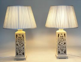 TABLE LAMPS, a pair, grey painted pierced base shades, 60cm H. (2)