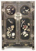 SIDE CABINET, early 20th century lacquered and gilt Chinoiserie decorated and mounted with two panel