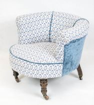 TUB CHAIR, 56cm H x 66cm, Victorian beechwood in patterned material and blue velvet.