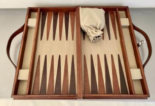 BACKGAMMON SET, in tan leathered case, 7cm x 23cm x 40cm.