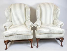 WING ARMCHAIRS, 117cm H x 89cm, a pair, Queen Anne style in ticking upholstery. (2)