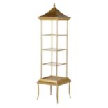 ETAGERE, 172cm high, 45cm wide, 45cm deep, pagoda form, gilt metal frame, three glass tiers.