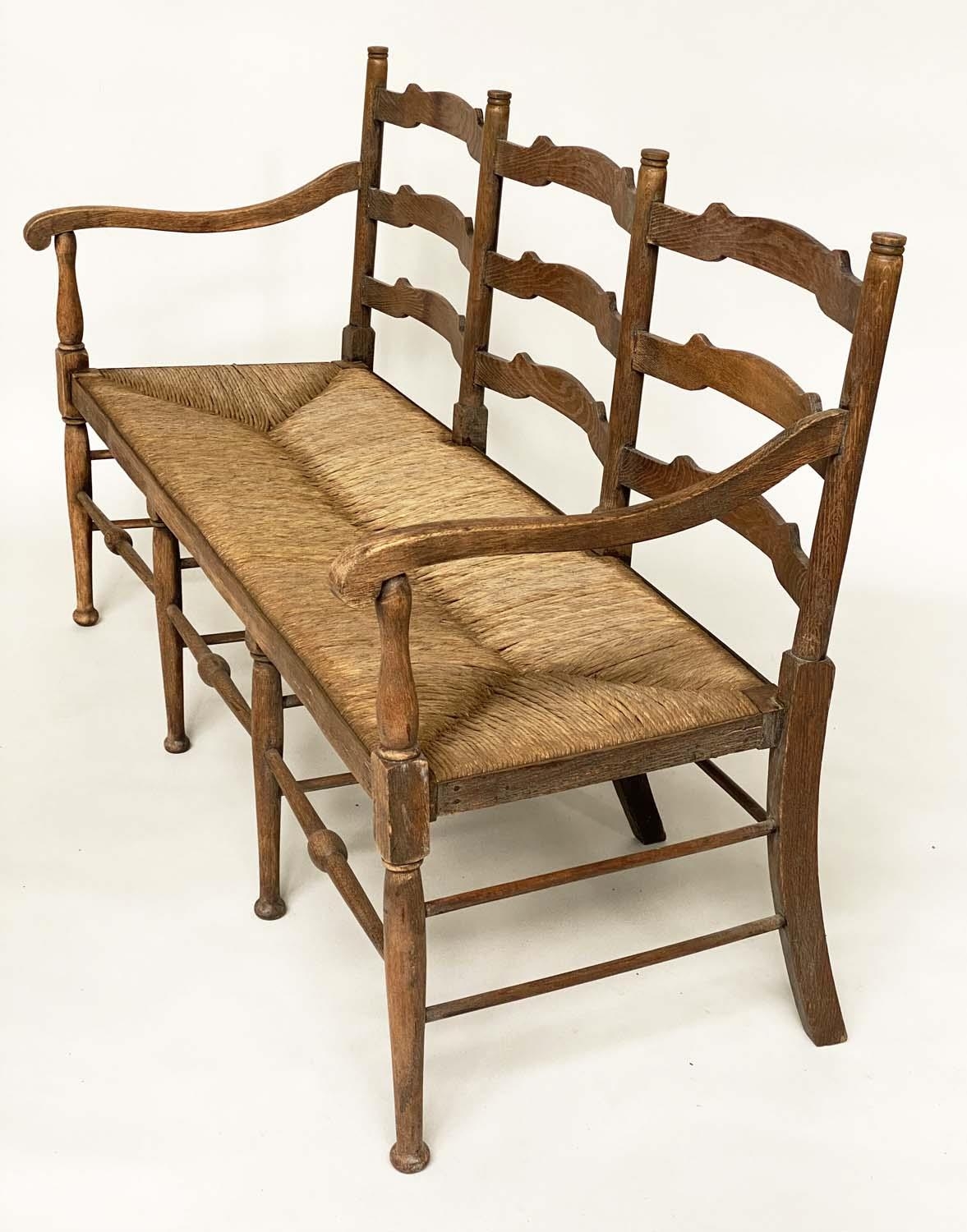 HALL BENCH, early 20th century English oak with ladder back and rush seat, 157cm W. - Image 6 of 10