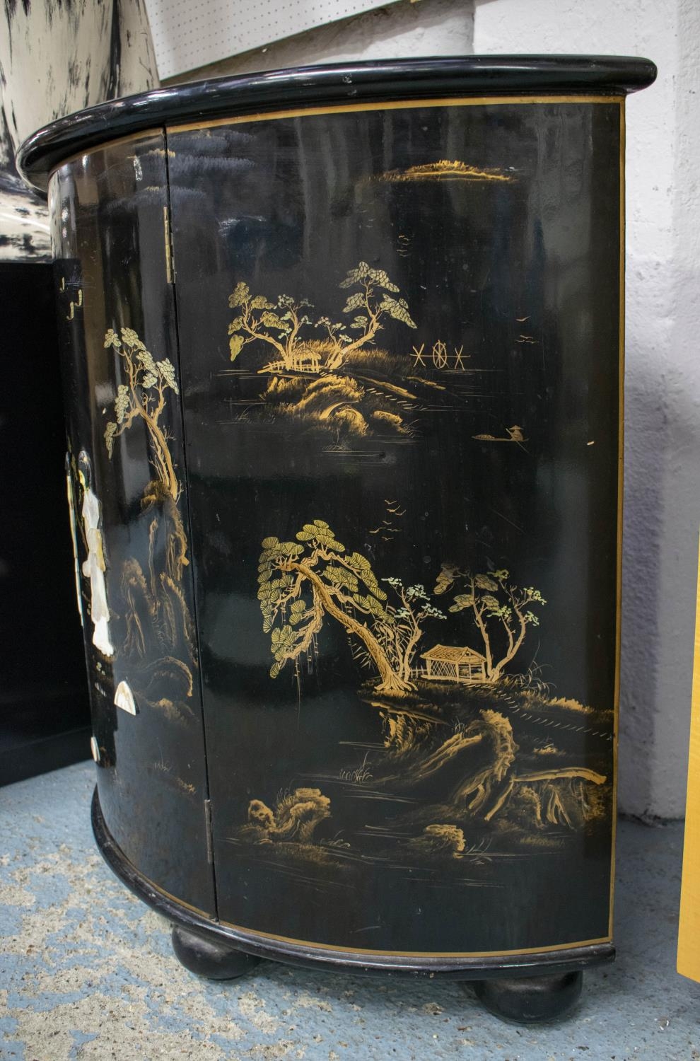 DEMI LUNE SIDE CABINET, 84cm H x 92cm W x 45cm D, Chinese black lacquer and decorated, with single - Image 5 of 5