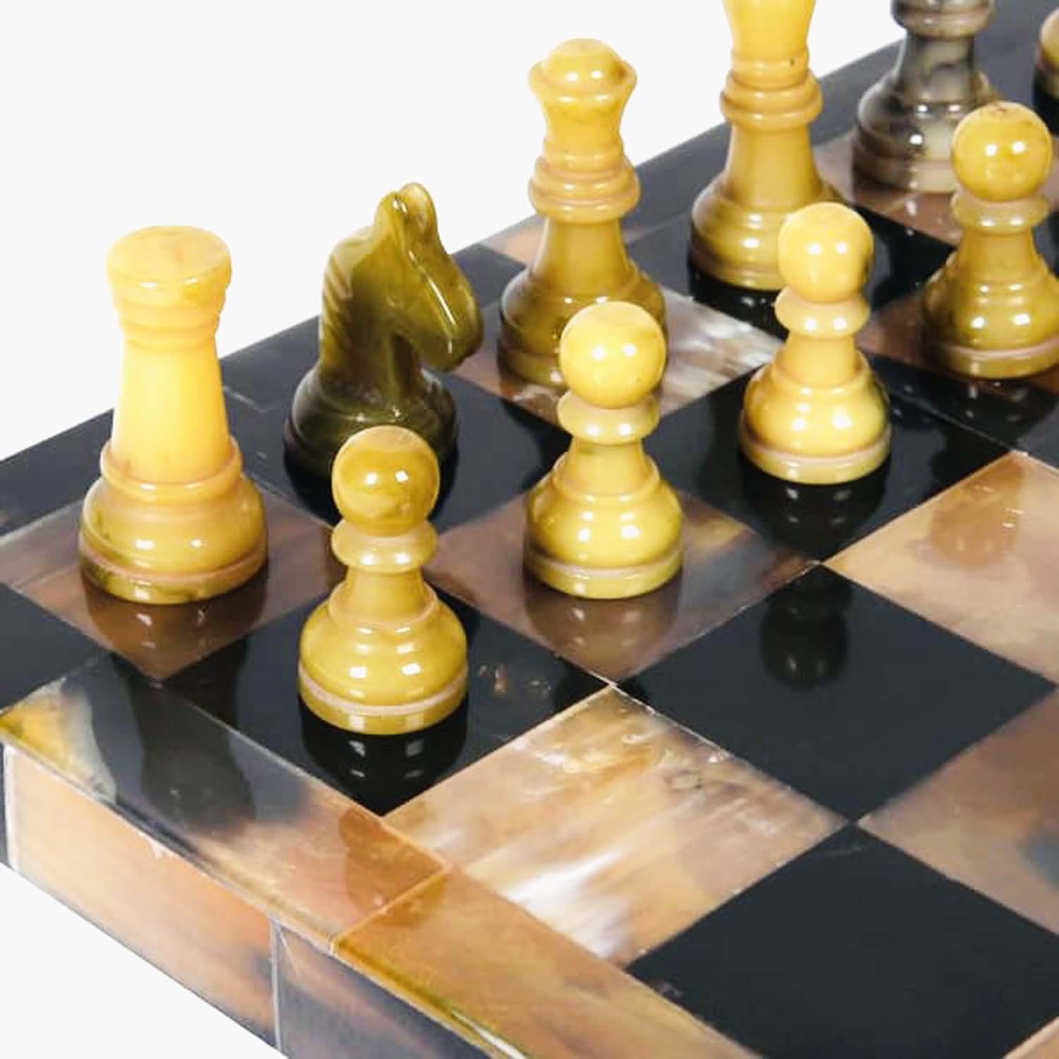 CHESS SET, faux tortoiseshell finish to board, 31cm x 31cm. - Image 5 of 5