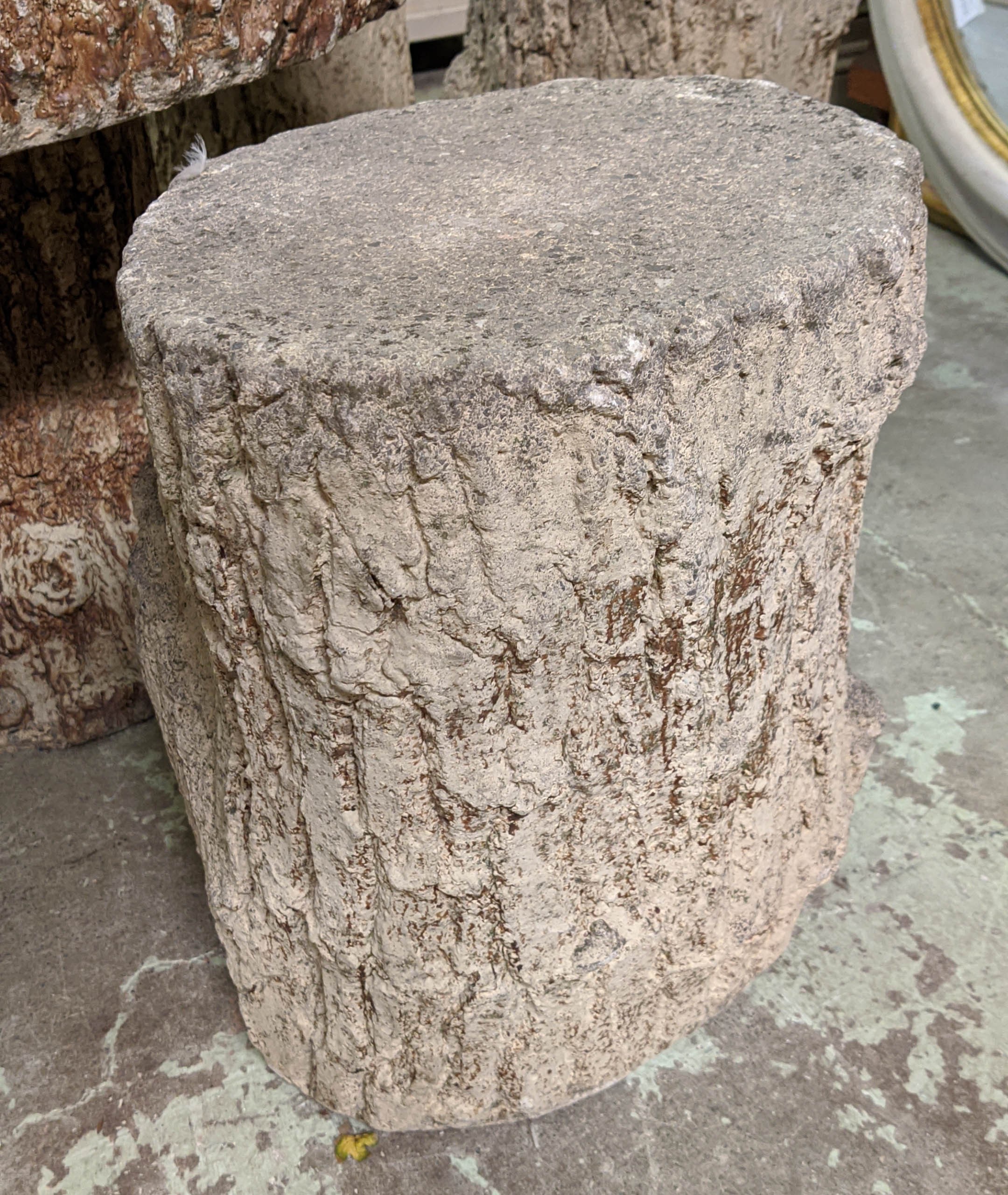 GARDEN TABLE, 57cm H x 77cm D, naturalistic design, reconstituted stone with four stools, 42cm H and - Image 4 of 7