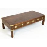 CAMPAIGN STYLE LOW TABLE, 35cm H x 122cm W x 59cm D, yewwood and brass bound with three real drawers