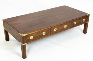 CAMPAIGN STYLE LOW TABLE, 35cm H x 122cm W x 59cm D, yewwood and brass bound with three real drawers