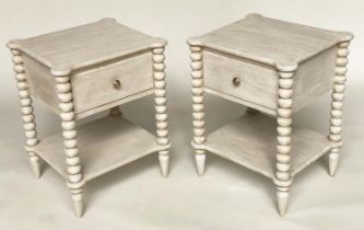 BEDSIDE TABLES, a pair, grey painted each with drawer undertier and bobbin turned columns, 47cm x