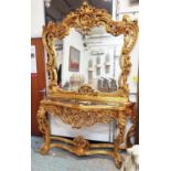 CONSOLE TABLE AND MIRROR, Rococo style, gilt, marble top, bevelled plate, 180cm x 51cm x 250cm.