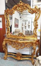 CONSOLE TABLE AND MIRROR, Rococo style, gilt, marble top, bevelled plate, 180cm x 51cm x 250cm.