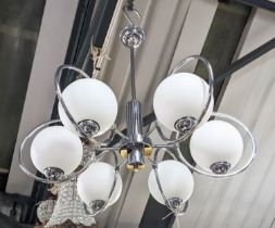 CHANDELIER, 61cm drop approx, polished metal, six branch, frosted glass ball shades.