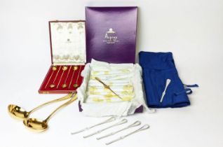 AN ASPREY SILVER GILT SET, of six stirring spoons, boxed, a set of twelve German lobster picks,