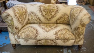 CHESTERFIELD SOFA, 75cm H x 150cm W x 76cm D, cream and brown paisley patterned.