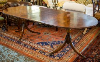 TWIN PEDESTAL DINING TABLE, Regency style burr walnut with extra leaf, brass clips and castors, 76cm