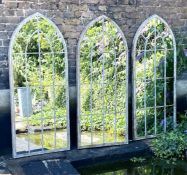 ARCHITECTURAL GARDEN MIRRORS, set of three, 160cm high, 67cm wide, Gothic style with overlaid