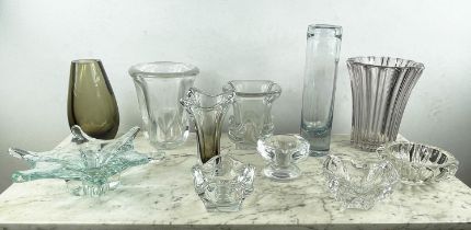 VAL ST LAMBERT VASE, along with ten other glass pieces including a Daum vase a Holmegaard blue