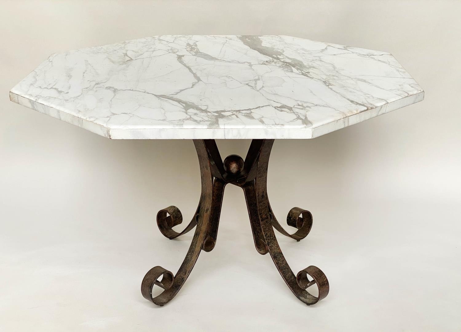 MARBLE CENTRE TABLE, octagonal Italian Arabescato marble top, raised upon wrought iron scrollwork - Image 6 of 6