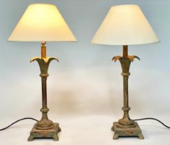PALM TABLE LAMPS, a pair, verdigris copper with reeded columns and footed plinths, 68cm H. (2)