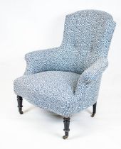 BERGERE, 92cm H x 83cm, Napoleon III ebonised in blue Linwood tango weave fabric on wood castors.