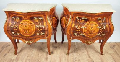 PETITE BOMBE COMMODES, a pair, 85cm x 50cm x 78cm, each three drawer, gilt mounts, marble tops. (2)