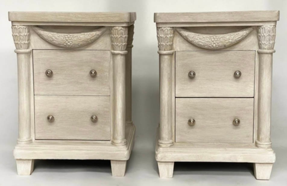 BEDSIDE CHESTS, a pair, French Empire style, grey painted with swag detail and two drawers, 50cm x
