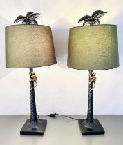 TABLE LAMPS, a pair, 84cm H x 36cm diam., with shades, palm tree design bases with climbing monkey