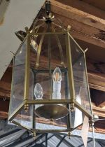 HALL LANTERN, gilt metal and glazed, three branch light, 65cm H. (faults to finish)