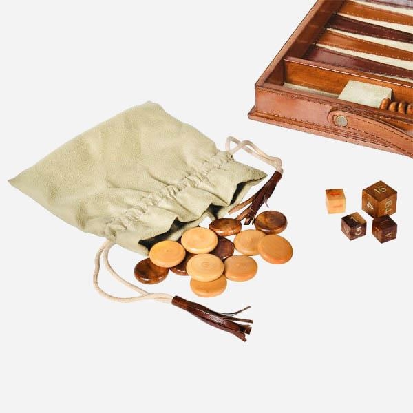 BACKGAMMON SET, in tan leathered case, 7cm x 23cm x 40cm. - Image 3 of 4