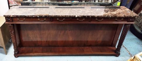 CONSOLE TABLE/RADIATOR COVER, 43cm x 96cm H x 228cm, Regency style mahogany with a marble top with