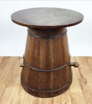 BARREL, 65cm x 73cm H with a removable top, chalon style metal bound.