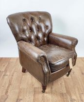 ARMCHAIR, tan button back leather upholstered, studded detail, 80cm x 80cm x 95cm.