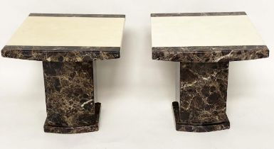LAMP TABLES, a pair, variegated and cream polished marble each bicolour with plinth supports, 55cm x