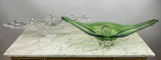 STUDIO GLASS CENTER PIECES, two, one green one clear glass, largest 62cm L. (2)
