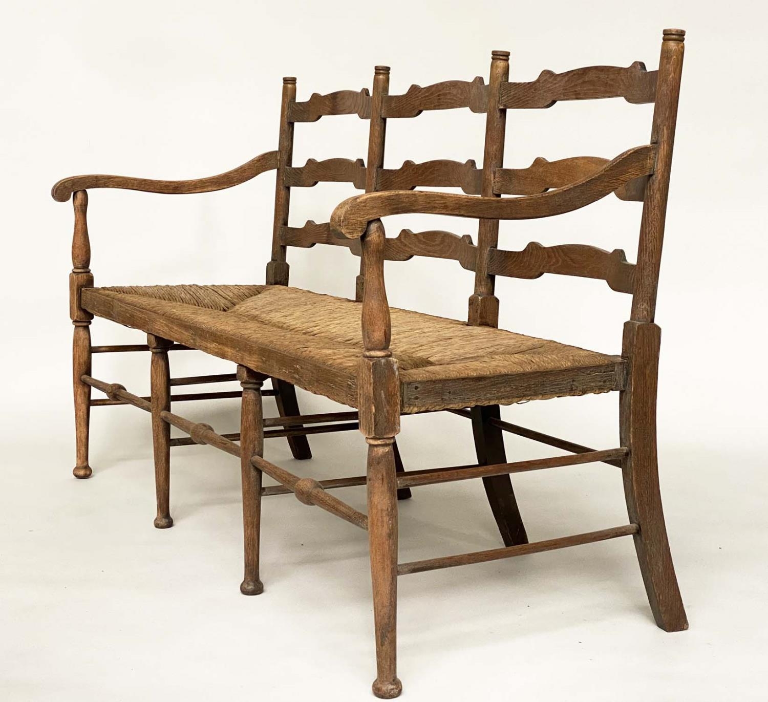 HALL BENCH, early 20th century English oak with ladder back and rush seat, 157cm W. - Image 7 of 10