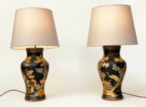 TABLE LAMPS, a pair, vase form gilt polychrome chinoiserie decorated papier mâché, 79cm H. (2)