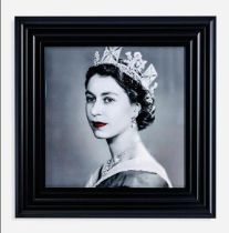 HM QUEEN ELIZABETH II, print, heightened with adornments, framed, 55cm high x 50cm wide.