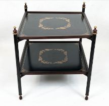 ETAGERE, 62cm H x 57cm W x 61cm D, black metal and gilt decorated, of two tiers on folding supports.