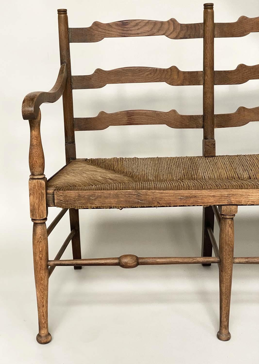 HALL BENCH, early 20th century English oak with ladder back and rush seat, 157cm W. - Image 8 of 10