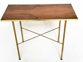 CONSOLE/SIDE TABLE, rectangular rosewood and brass bound on turned x stretchered supports, 92cm W