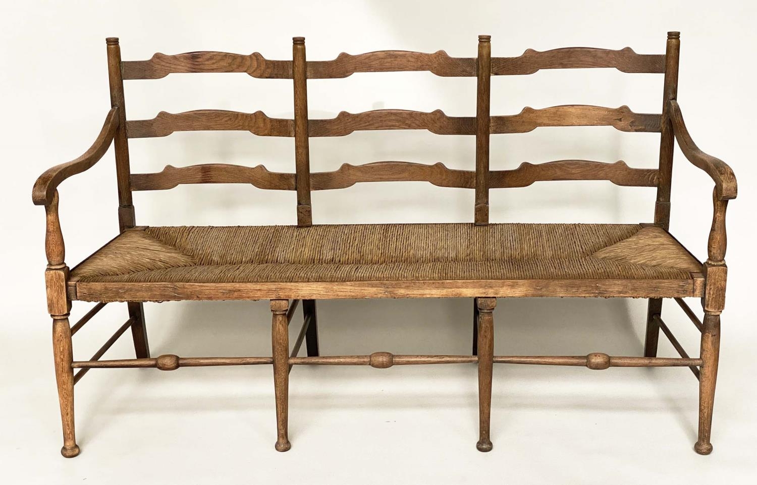 HALL BENCH, early 20th century English oak with ladder back and rush seat, 157cm W. - Image 2 of 10