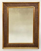WALL MIRROR, Italian style rectangular chantilly gilt and gesso moulded with bevelled late and